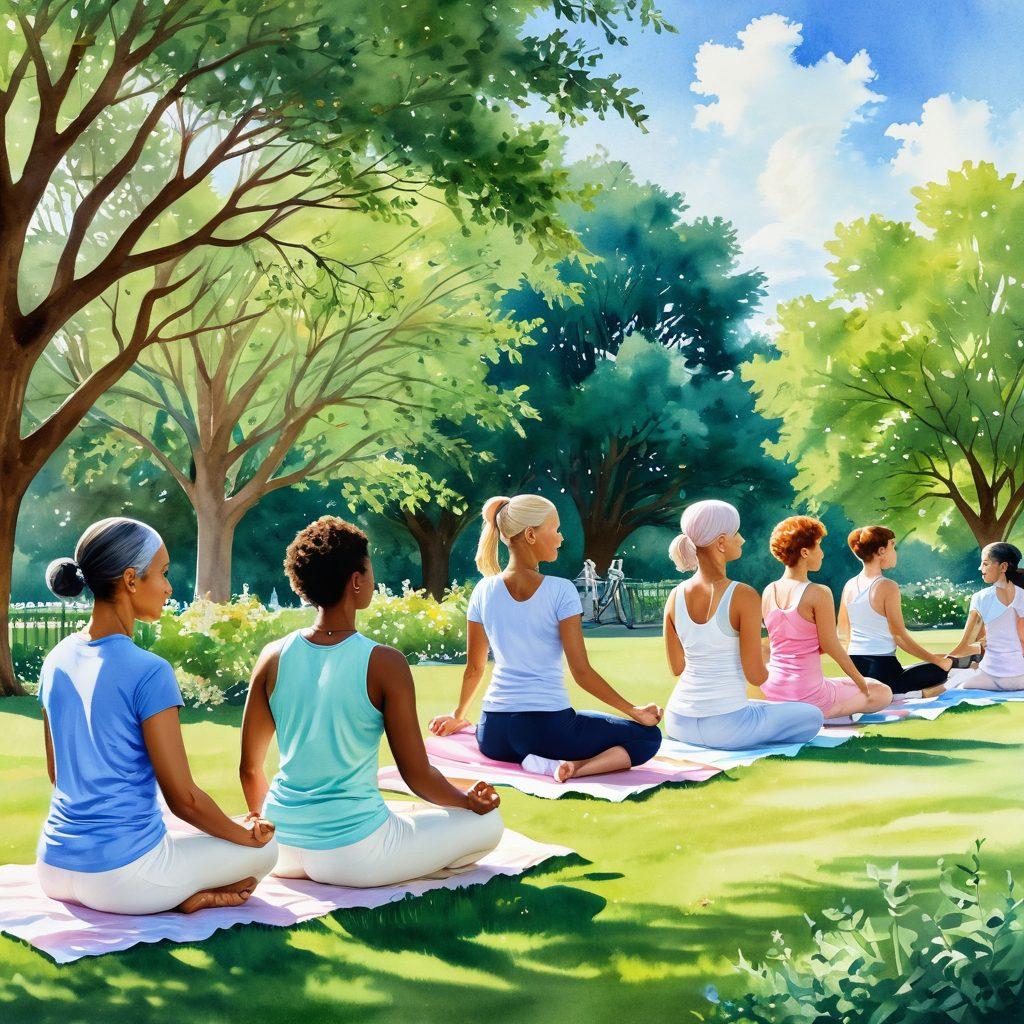 A serene scene depicting a diverse group of people engaged in various cancer prevention activities, such as exercising, healthy cooking, and meditation in a sunlit park. Include symbols of support like ribbons and hearts, showcasing unity and hope. The background should be filled with lush greenery and a bright blue sky to evoke a sense of positivity and wellness. watercolor style. vibrant colors.