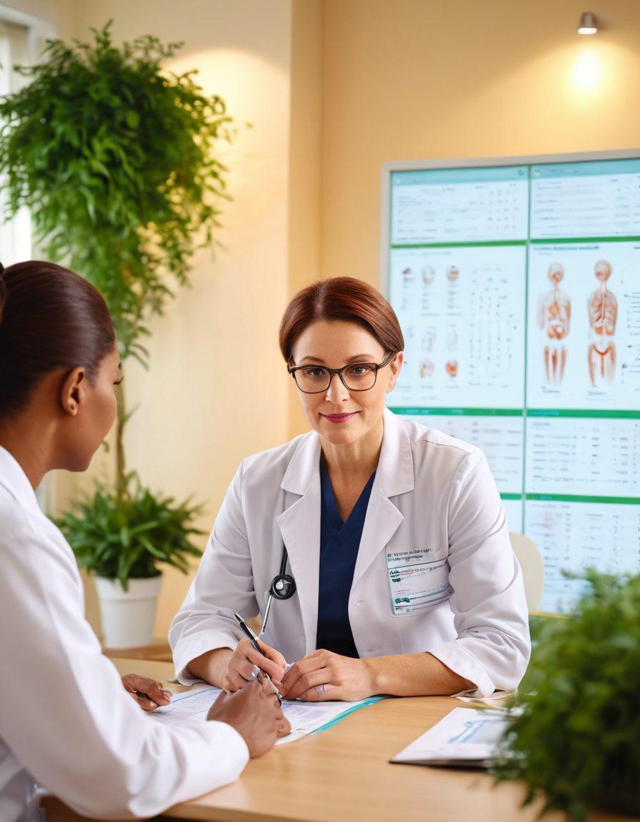 A compassionate oncologist discussing cancer prevention with a diverse group of patients in a bright clinic, filled with medical charts and soothing greenery. The patients are engaged and hopeful, symbolizing empowerment and community support. Soft lighting enhances a warm atmosphere, as technology screens display the latest oncology news. super-realistic. warm colors. bright clinic setting.