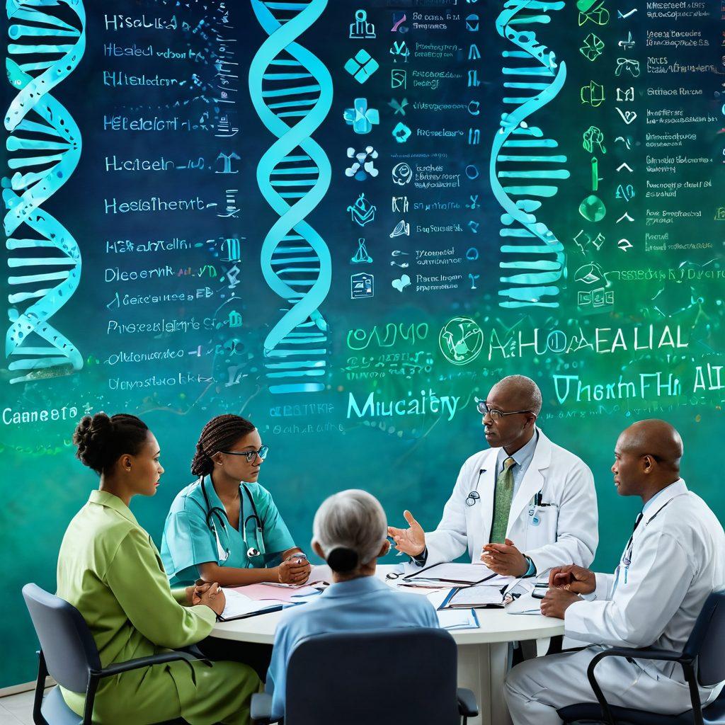A powerful scene depicting a diverse group of patients and healthcare professionals in a collaborative discussion, surrounded by vibrant visual representations of medical research data, DNA strands, and advocacy symbols. The background showcases a balance of tranquility and hope, symbolizing patient empowerment in oncology. Soft hues of blue and green to evoke health and healing. 3D style with an emphasis on warmth and community.